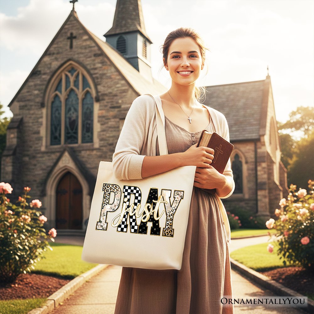 Just Pray Christian Varsity Tote Bag, Retro Leopard Checkered Faith Gift Shopper Tote Bag OrnamentallyYou 