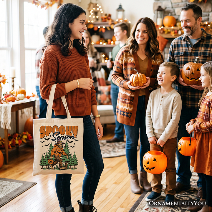 Spooky Season Bigfoot Tote Bag, Halloween Sasquatch Pumpkin Gift Shopper
