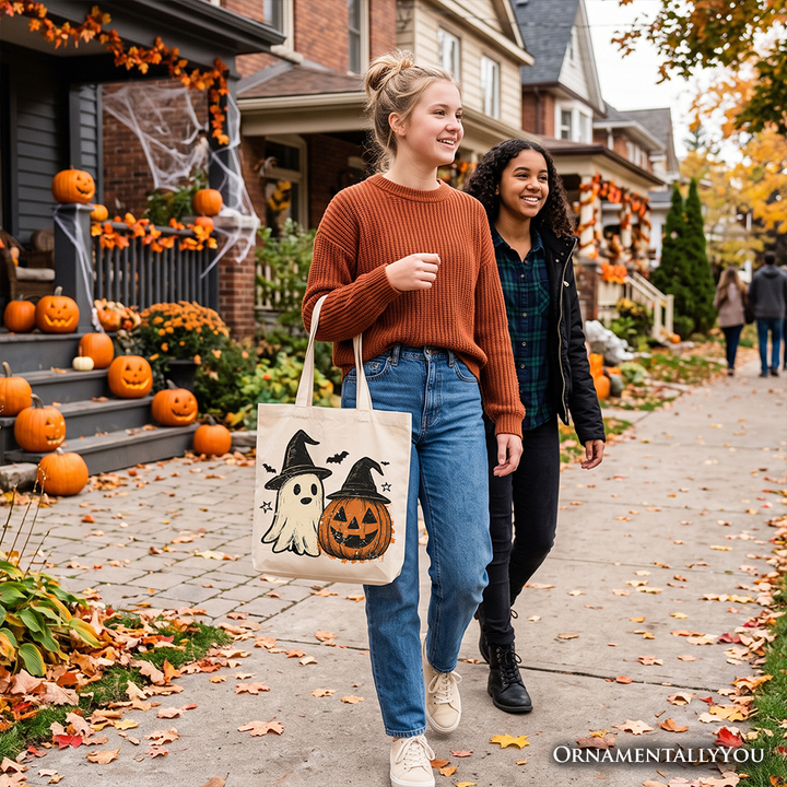 Witch Hat Ghost and Pumpkin Tote Bag, Vintage Halloween Jack O’ Lantern Gift Shopper