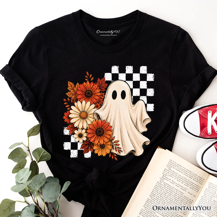 Checkered Floral Ghost T-Shirt, Vintage Fall Halloween Daisy Tee