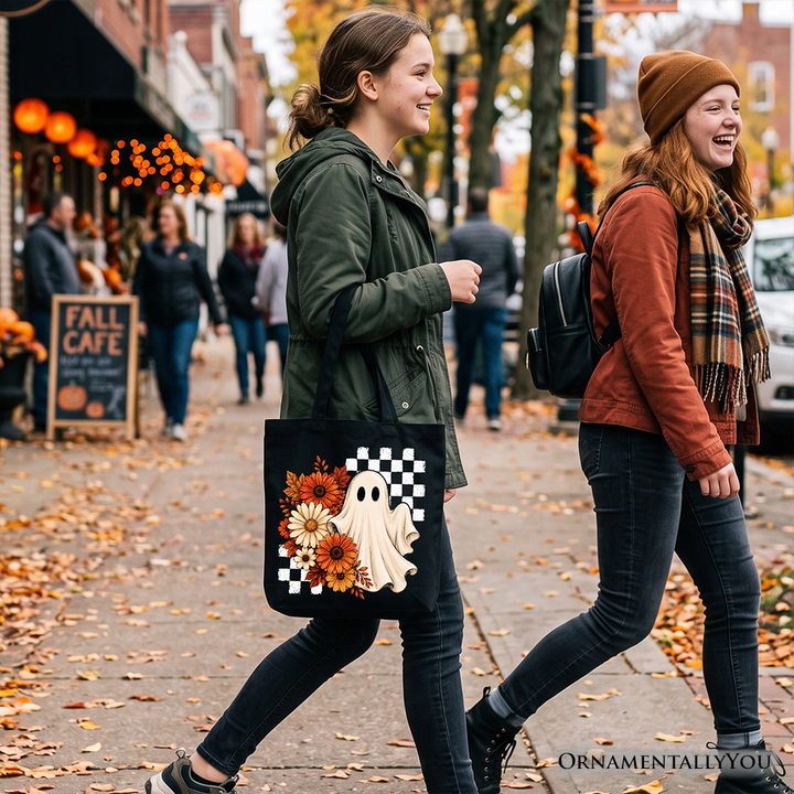 Checkered Floral Ghost Tote Bag, Vintage Fall Halloween Daisy Gift Shopper
