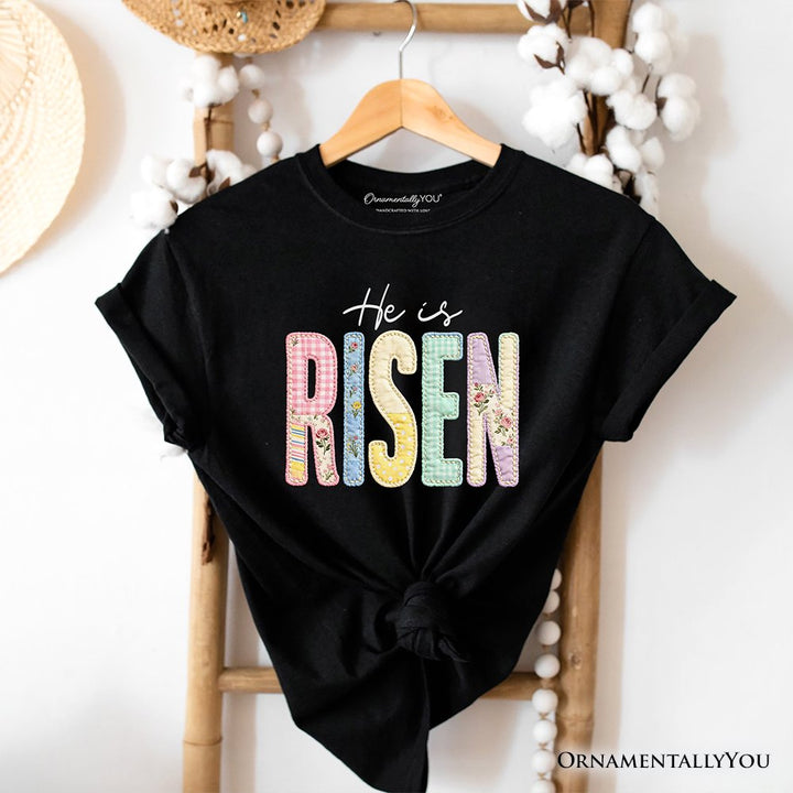 He Is Risen Printed Faux Embroidered Christian T-Shirt, Cute Religious Flowers Tee T-Shirts OrnamentallyYou Black XS 