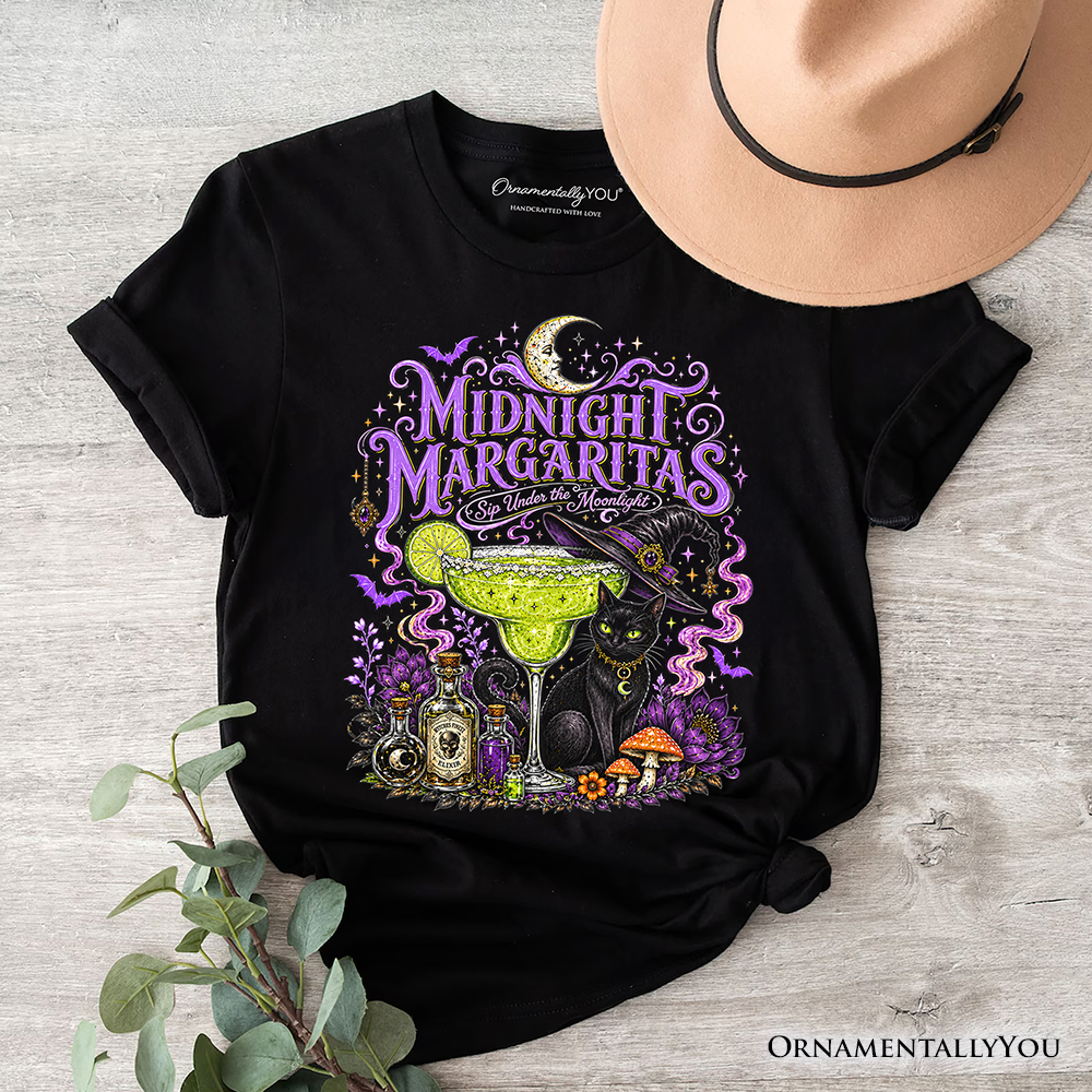 Midnight Margaritas Black Cat Halloween T-Shirt, Witchy Cocktail Tee for Spooky Season