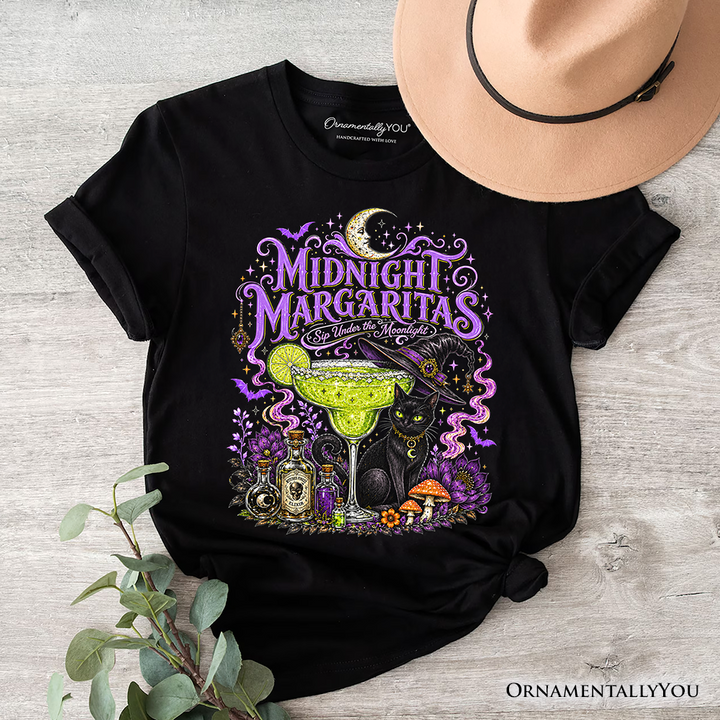 Midnight Margaritas Black Cat Halloween T-Shirt, Witchy Cocktail Tee for Spooky Season