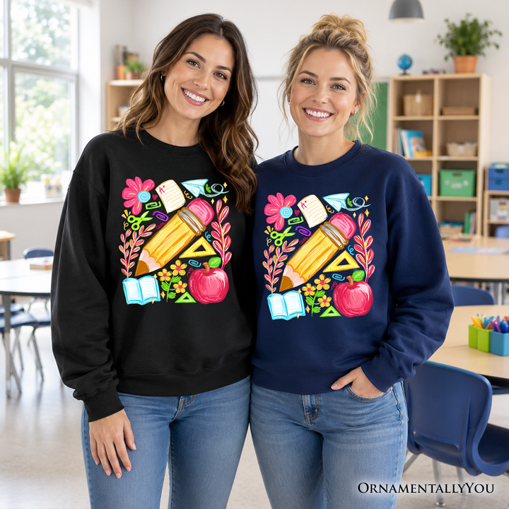 Floral Teacher Pencil Sweatshirt, Colorful Back to School Sweater