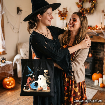 Predicting Your Life Witch Racoon Tote Bag, Vintage Halloween Ghost Skeleton Fortune Teller Gift Shopper