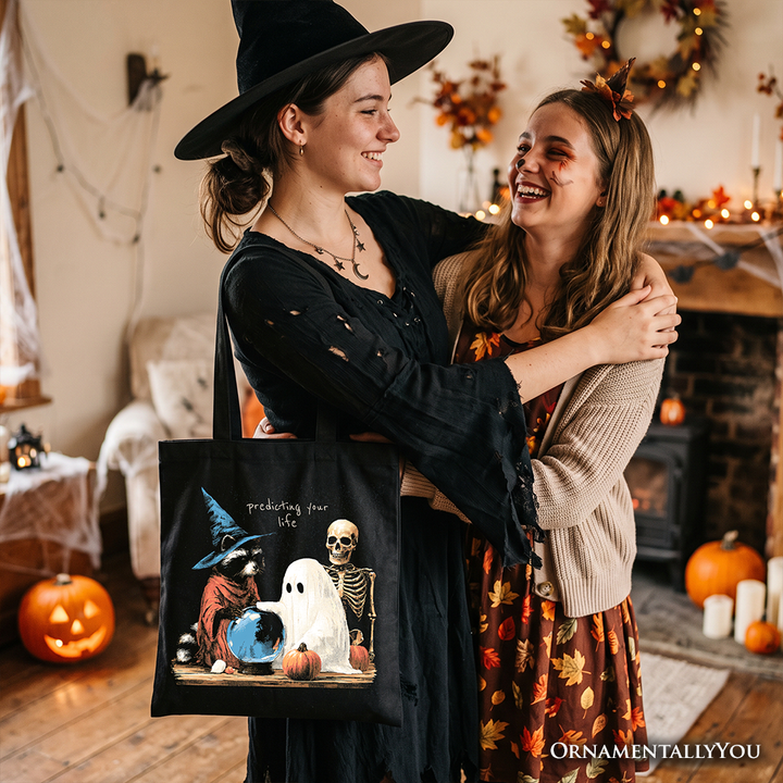 Predicting Your Life Witch Racoon Tote Bag, Vintage Halloween Ghost Skeleton Fortune Teller Gift Shopper