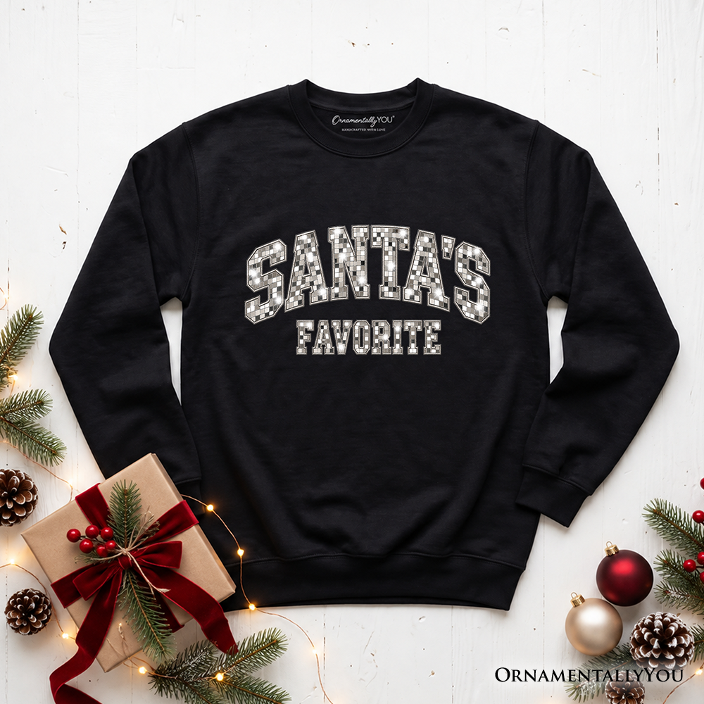 Santa's Favorite Faux Mirrored Christmas Sweatshirt, Disco Sparkle Holiday Sweater