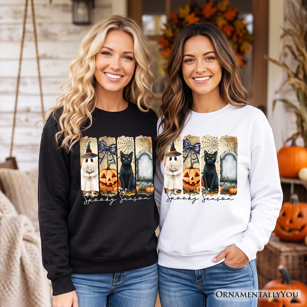Fall Spooky Season Brushstroke Sweatshirt, Coquette Vintage Ghost, Cat and Pumpkin Sweater