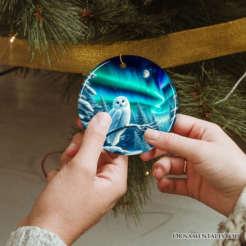 Snowy Aurora White Owl Ceramic Ornament, Northern Lights Mystic Bird Gift and Tree Decor Ceramic Ornament OrnamentallyYou 