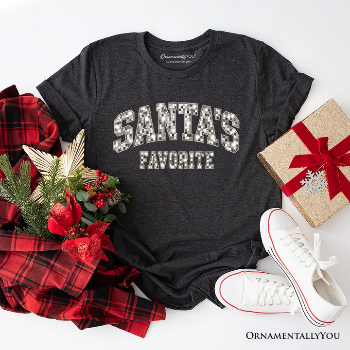 Santa’s Favorite Faux Mirrored Christmas T-Shirt, Disco Sparkle Holiday Tee