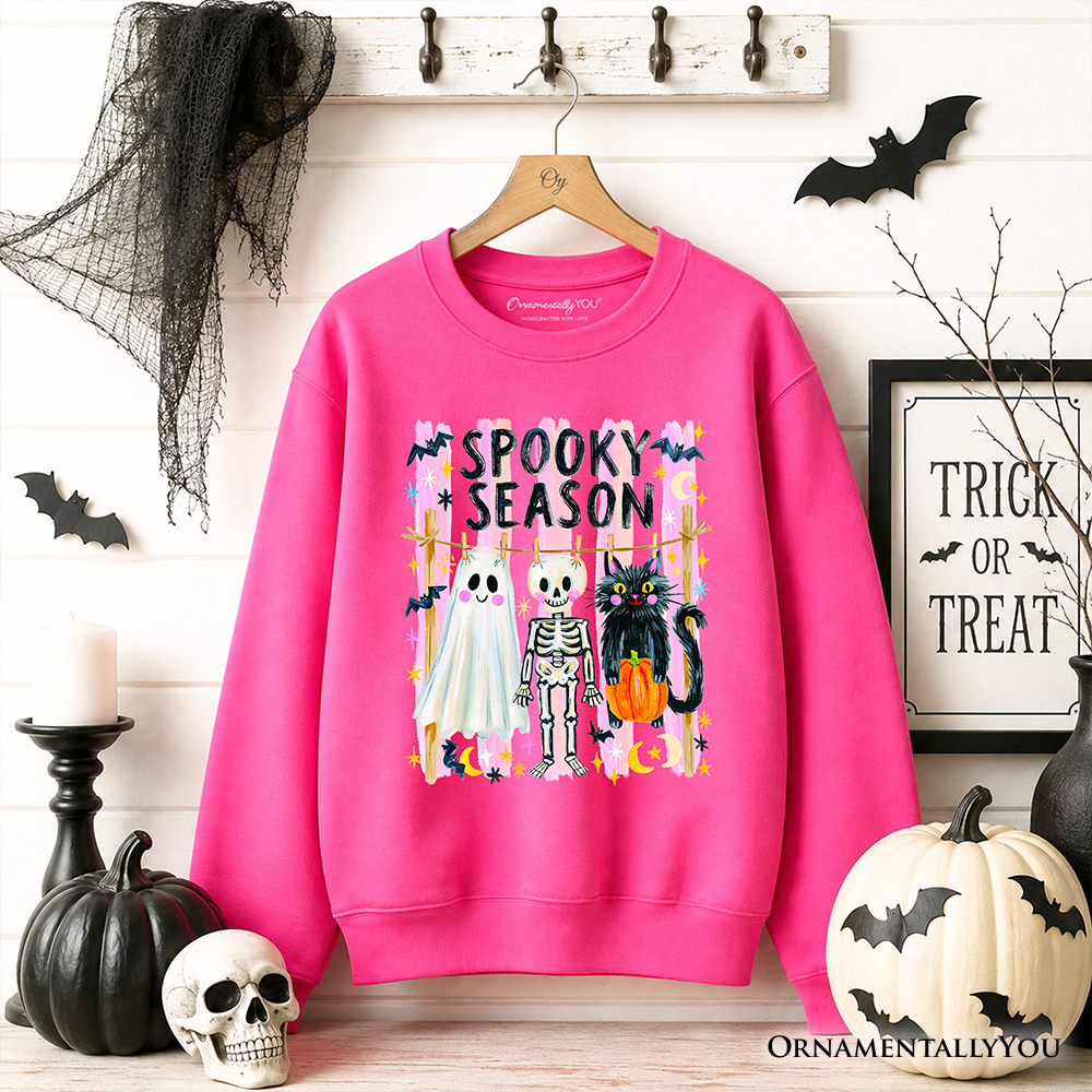 Spooky Season Ghost Skeleton Cat Sweatshirt, Colorful Halloween Costume Sweater