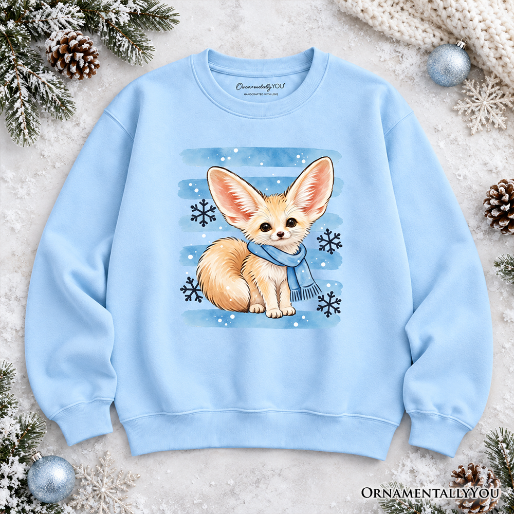 Snowflake Scarf Fennec Fox Christmas Sweatshirt, Cute Winter Animal Sweater