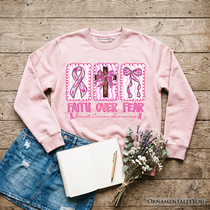 Faith Over Fear Breast Cancer Christian Sweatshirt, Pink Ribbon Awareness Sweater