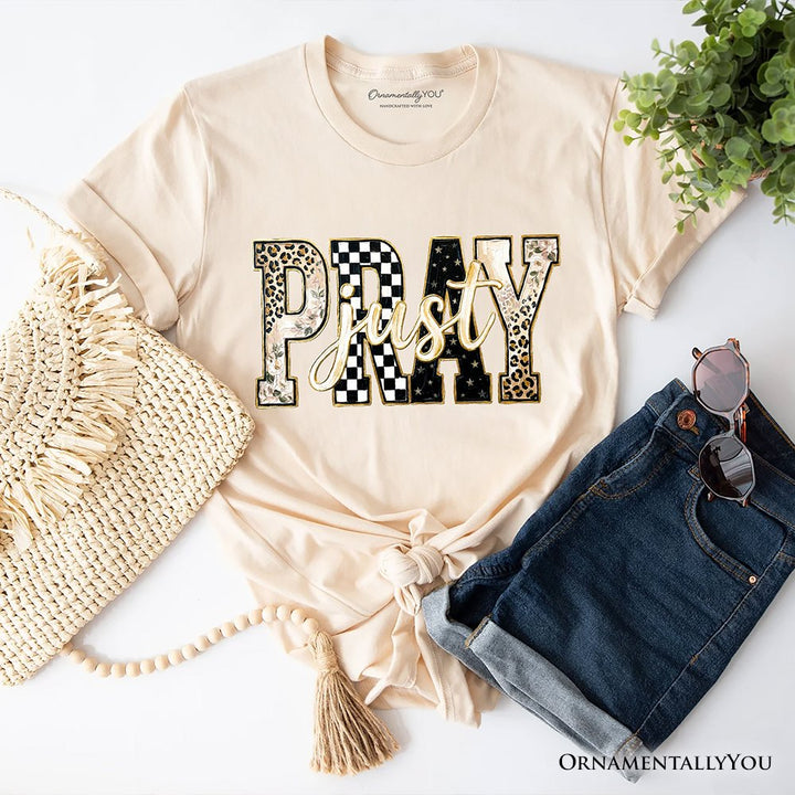 Just Pray Christian Varsity T-Shirt, Retro Leopard Checkered Faith Tee T-Shirts OrnamentallyYou Natural XS 
