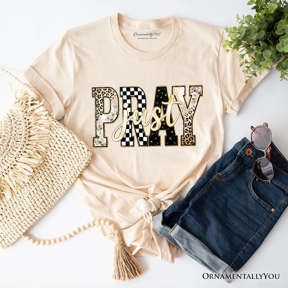 Just Pray Christian Varsity T-Shirt, Retro Leopard Checkered Faith Tee