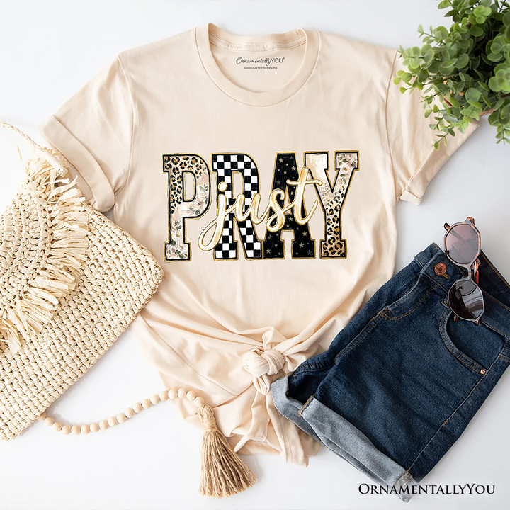 Just Pray Christian Varsity T-Shirt, Retro Leopard Checkered Faith Tee