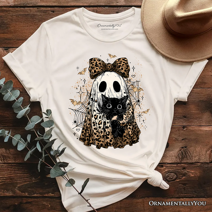 Leopard Bow Ghost with Black Cat T-Shirt, Spooky Halloween Spider Web Tee