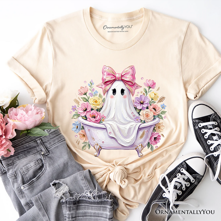 Pink Bow Bathtub Ghost T-Shirt, Floral Coquette Halloween Tee