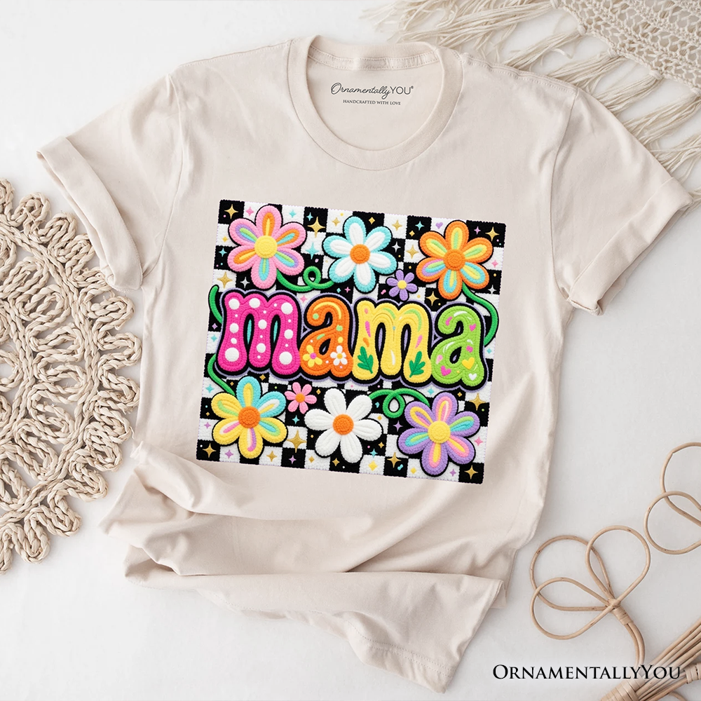 Retro Floral Mama Printed Faux Yarn T-Shirt, Colorful Mother's Day Tee