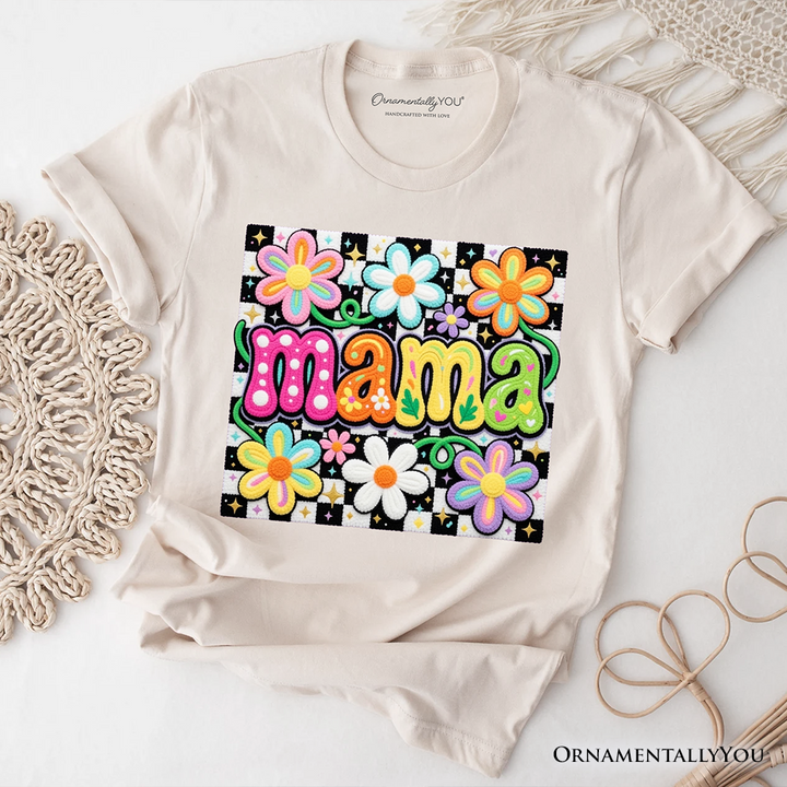 Retro Floral Mama Printed Faux Yarn T-Shirt, Colorful Mother's Day Tee