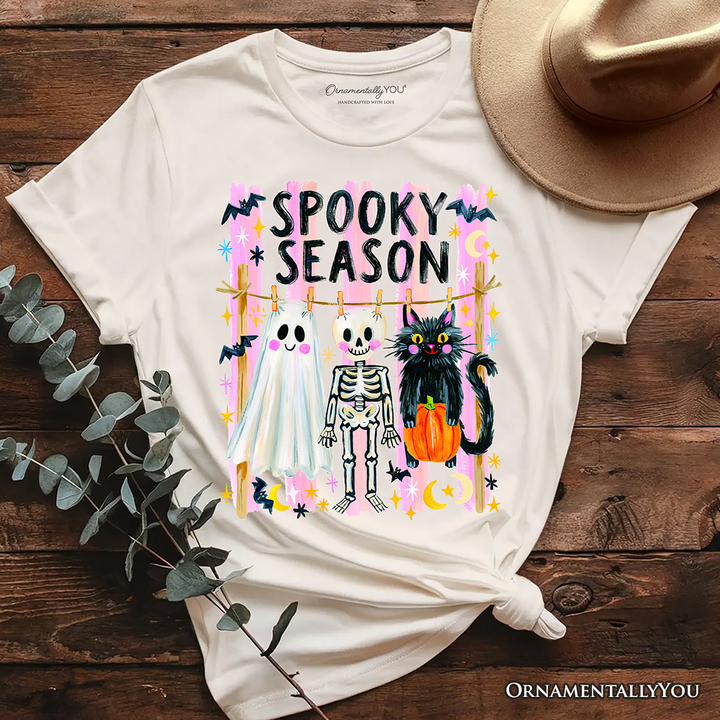 Spooky Season Ghost Skeleton Cat T-Shirt, Colorful Halloween Costume Tee