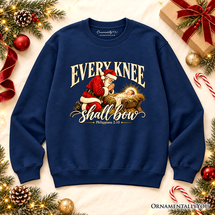 Every Knee Shall Bow Christmas Christian Sweatshirt, Santa Nativity Faith Sweater