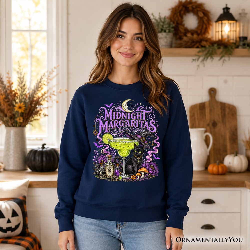 Midnight Margaritas Black Cat Halloween Sweatshirt, Witchy Cocktail Sweater for Spooky Season