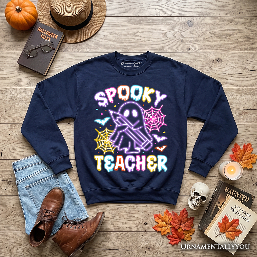 Spooky Teacher Neon Ghost Sweatshirt, Retro Halloween Sweater for Educators