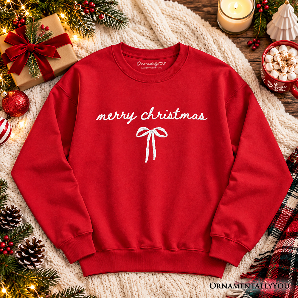 Merry Christmas Bow Sweatshirt, Minimalist Coquette Holiday Sweater