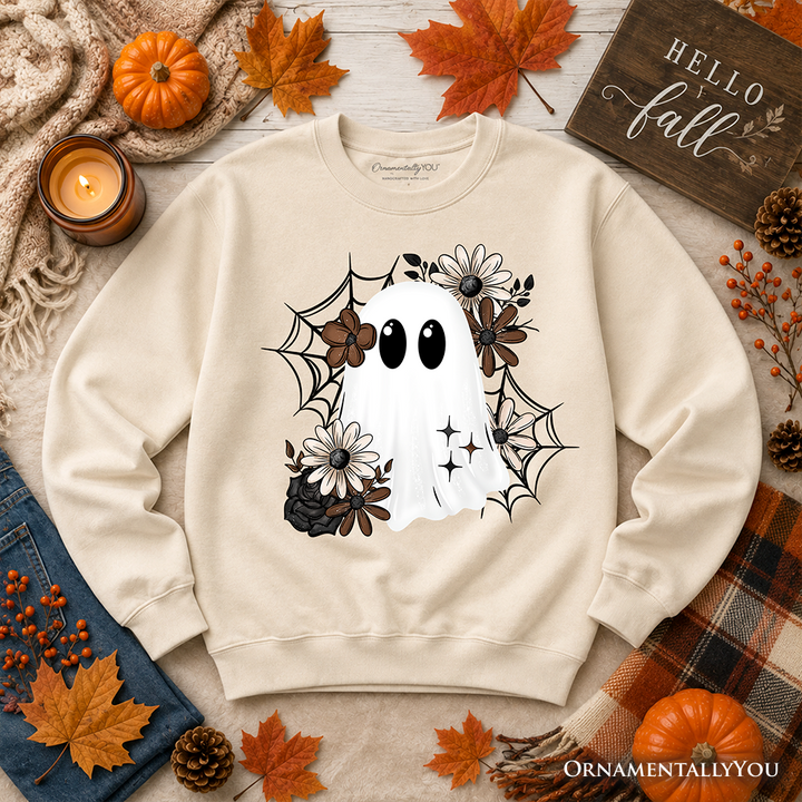 Floral Ghost Sweatshirt, Neutral Boho Halloween Spider Web Sweater