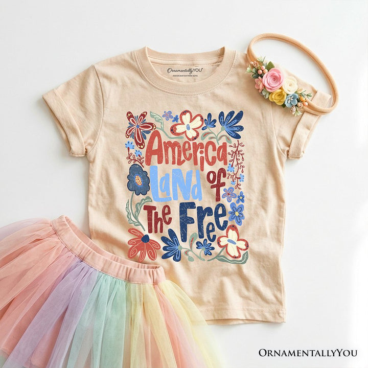 Kids America Land of the Free T-Shirt, Retro Youth Floral Independence Day Tee Kid's T-Shirts OrnamentallyYou Sand XS 