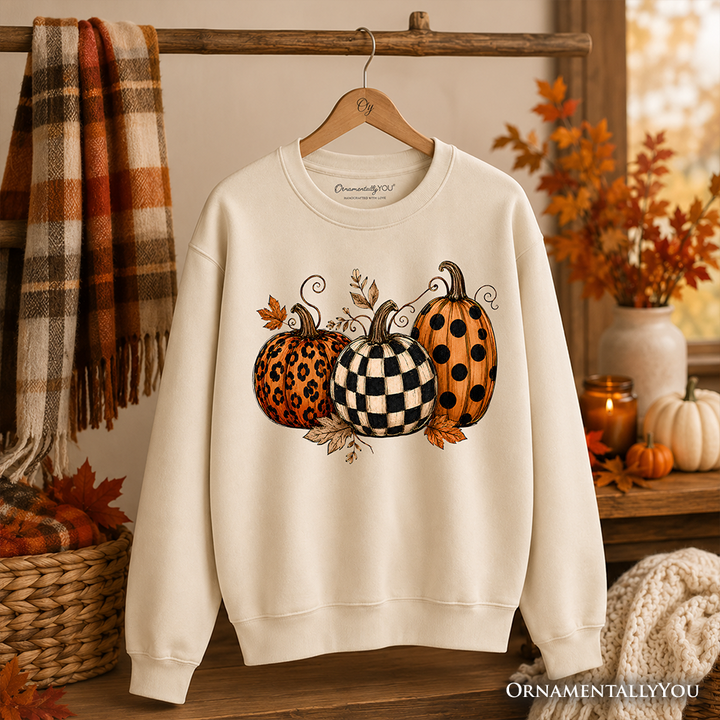 Leopard Checkered Pumpkin Sweatshirt, Autumn Fall Sweater