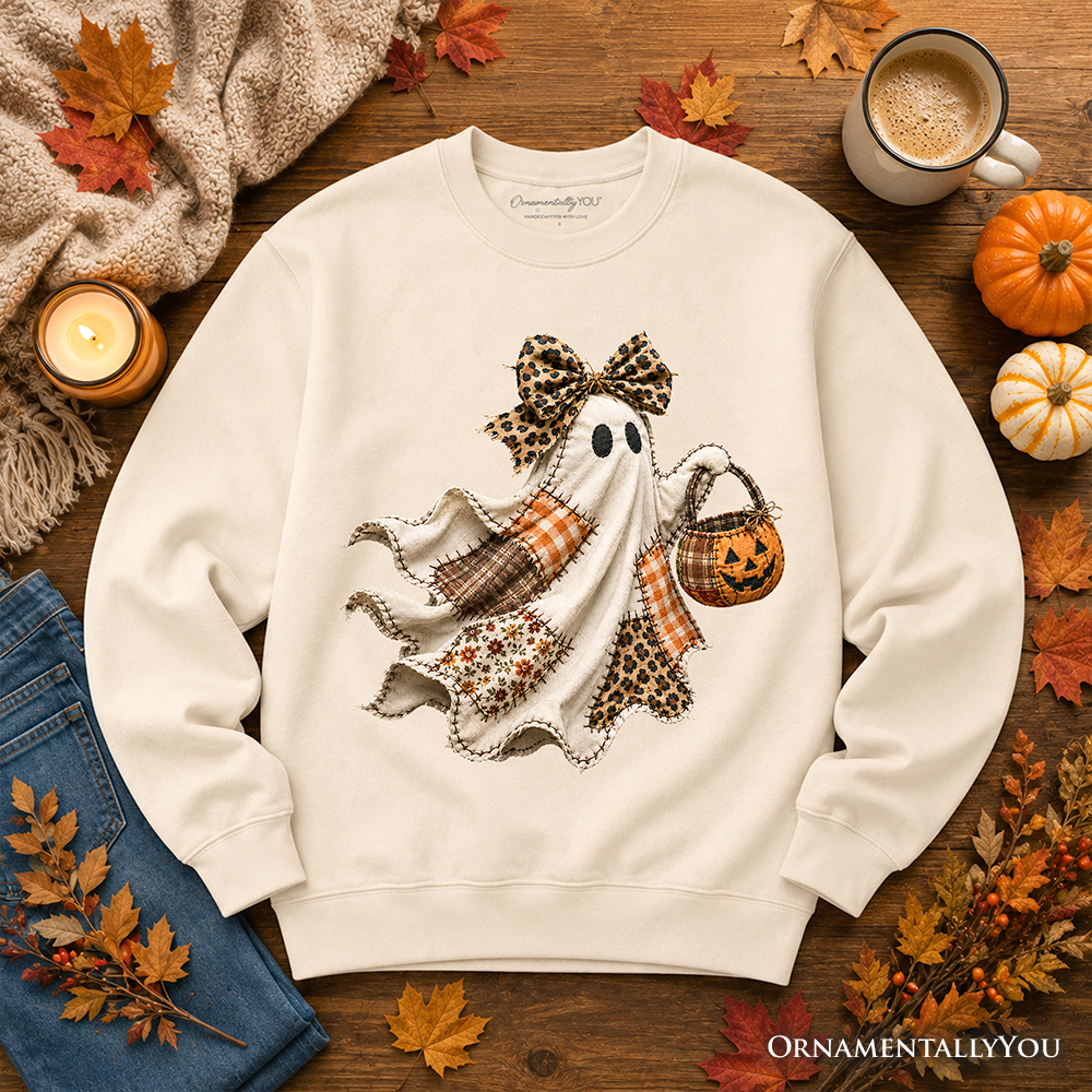 Patchwork Ghost with Leopard Bow Sweatshirt, Rustic Halloween Pumpkin Trick or Treat Sweater