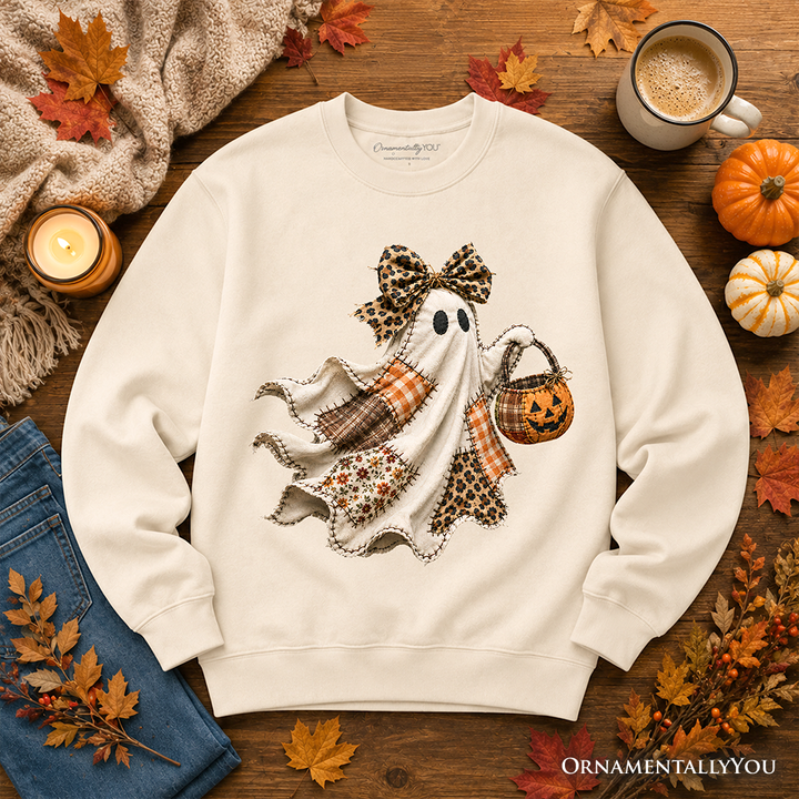 Patchwork Ghost with Leopard Bow Sweatshirt, Rustic Halloween Pumpkin Trick or Treat Sweater