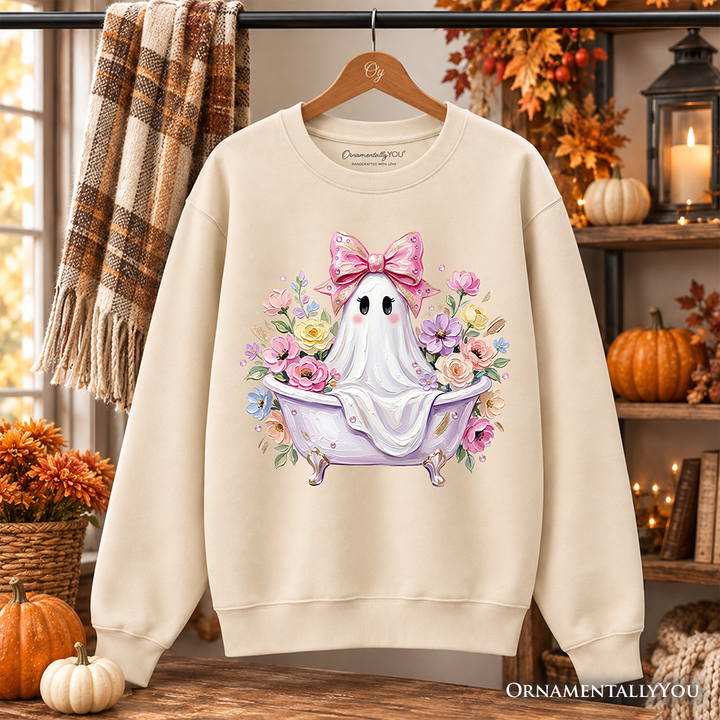 Pink Bow Bathtub Ghost Sweatshirt, Floral Coquette Halloween Sweater