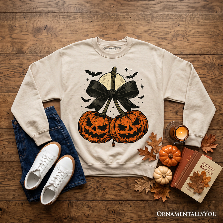 Pumpkin Cherries Coquette Bow Sweatshirt, Retro Halloween Fall Season Sweater for Sweet Autumn Girls