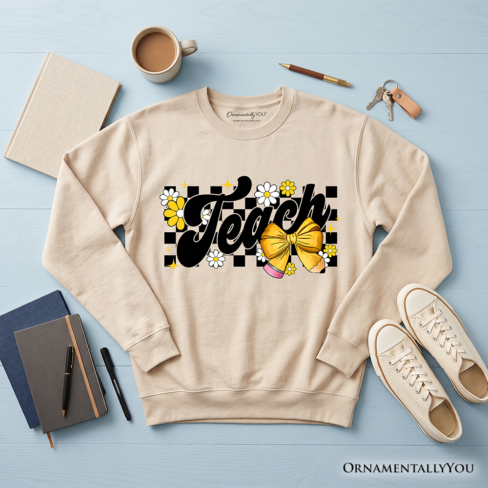 Teach Checkered Coquette Bow Sweatshirt, Retro Sweater for Trendy Teachers