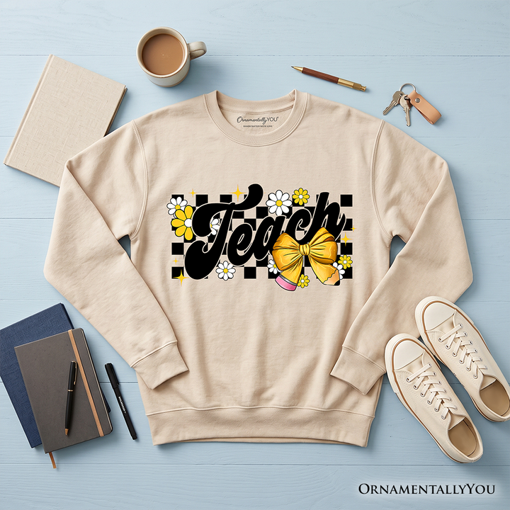Teach Checkered Coquette Bow Sweatshirt, Retro Sweater for Trendy Teachers