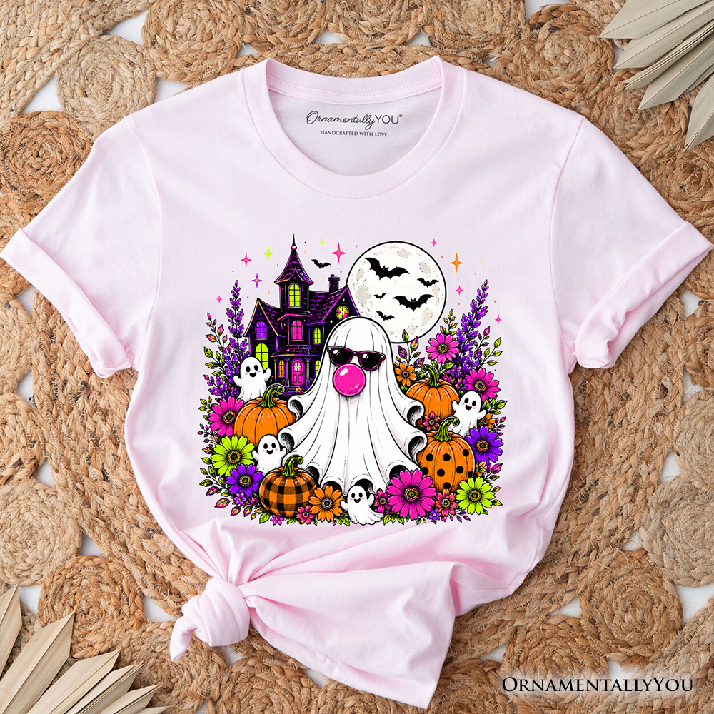 Bubblegum Ghost Haunted House T-Shirt, Colorful Floral Halloween Pumpkin Tee