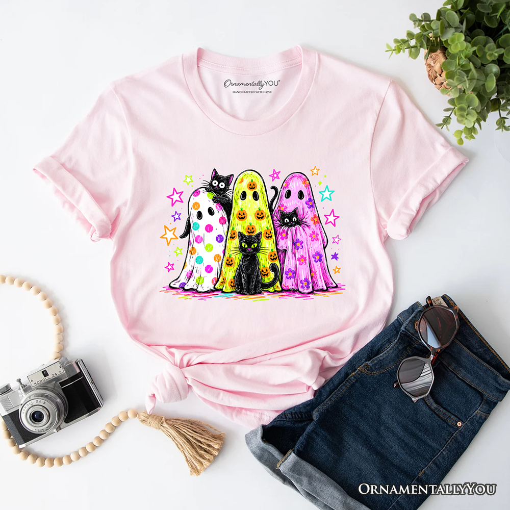 Colorful Ghosts and Black Cats T-Shirt, Neon Halloween Spooky Season Tee