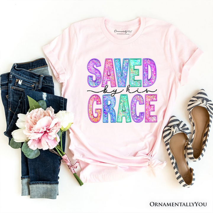 Saved By His Grace Printed Faux Sequin Christian T-Shirt, Religious Love Tee