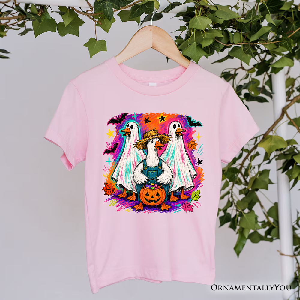 Trick or Treat Geese T-Shirt, Colorful Halloween Ghost Costume Tee