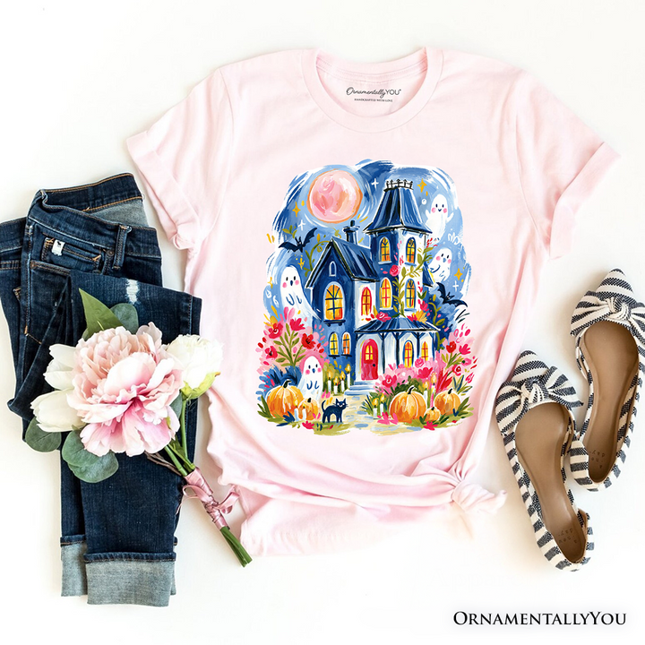 Watercolor Haunted House T-Shirt, Colorful Ghost Pumpkin Halloween Tee