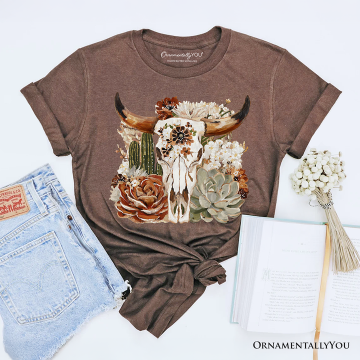 Boho Floral Cow Skull T-Shirt, Western Autumn Cowgirl Tee