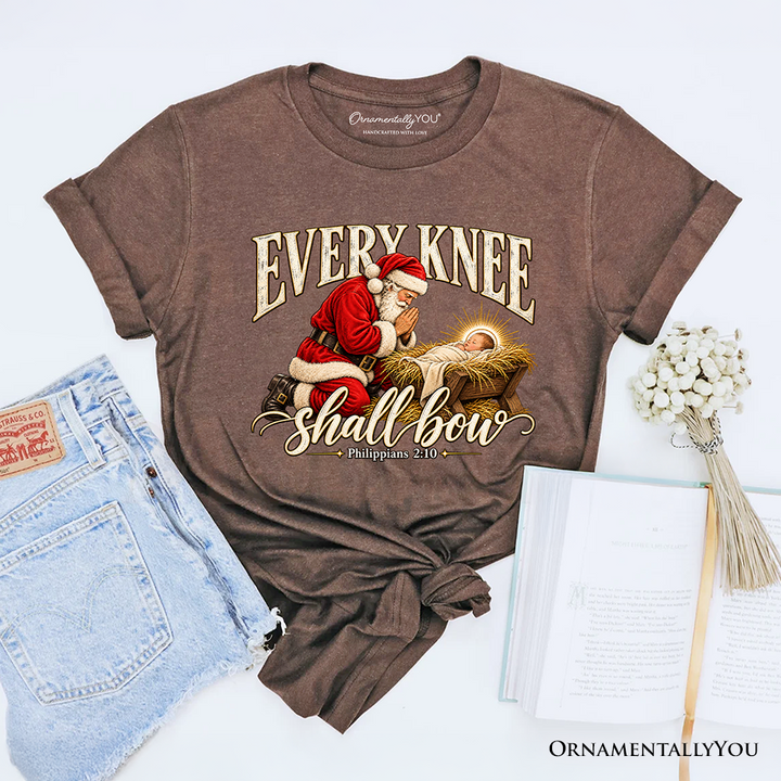 Every Knee Shall Bow Christmas Christian T-Shirt, Santa Nativity Faith Tee