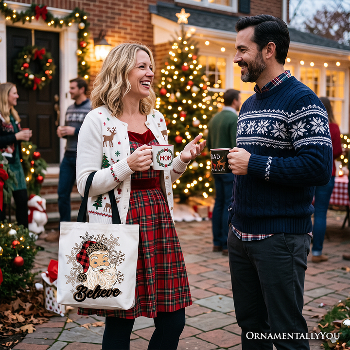 Believe Santa Buffalo Plaid Tote Bag, Retro Christmas Gift Shopper