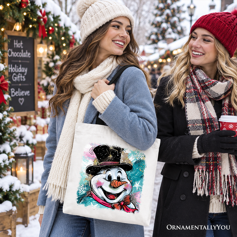 Brushstroke Cute Snowman Tote Bag, Preppy Merry Christmas Glitter Holiday Gift Shopper
