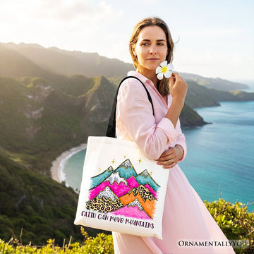 Faith Can Move Mountains Christian Tote Bag, Leopard Inspirational Gift Shopper Tote Bag OrnamentallyYou 