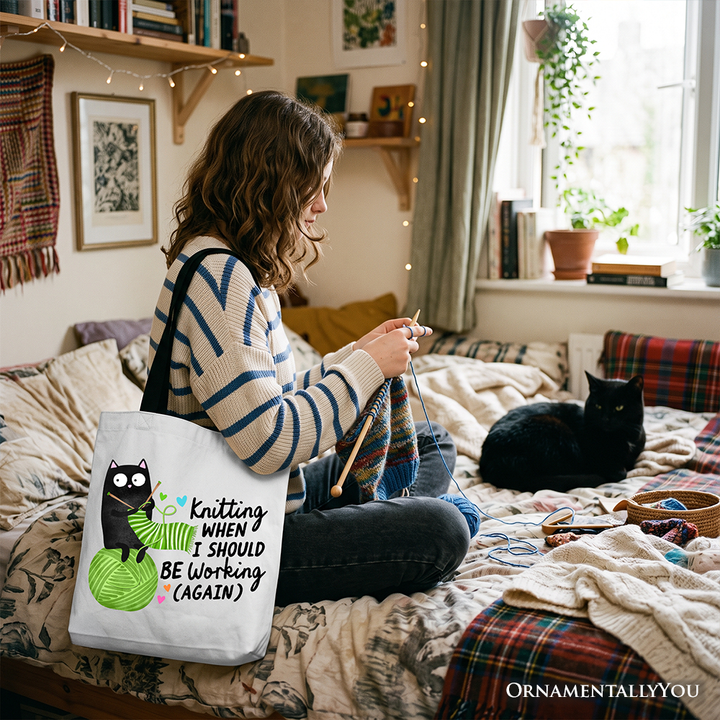 Knitting Black Cat Cute Tote Bag, Funny Working Crafter Phrase Gift Shopper